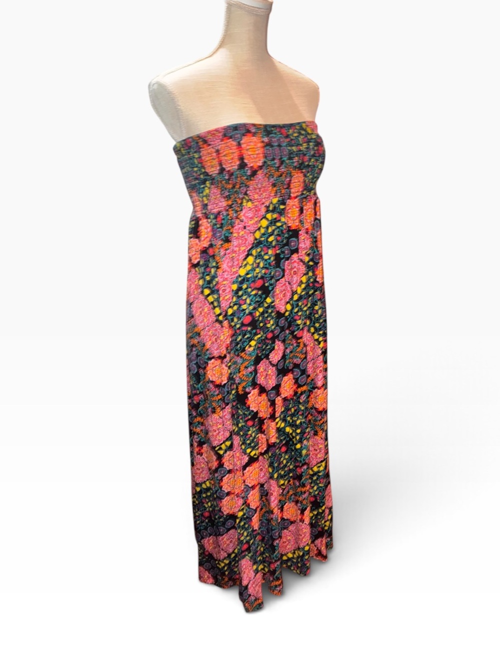 Artisan Ny Strapless Floral Maxi Dress in Pink, Orange and Black Sz 5